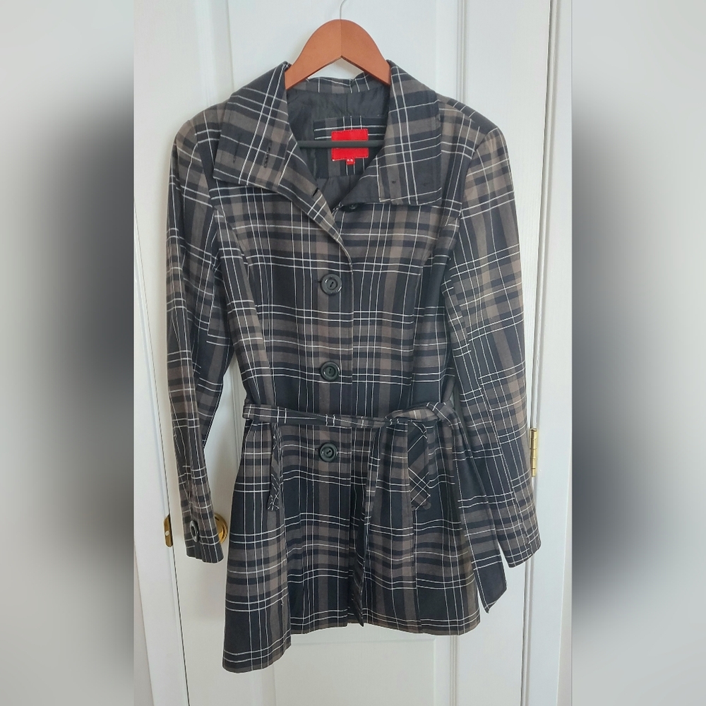 Woman's Black & Gray Plaid Trench Coat with Belt - Picture 2 of 11